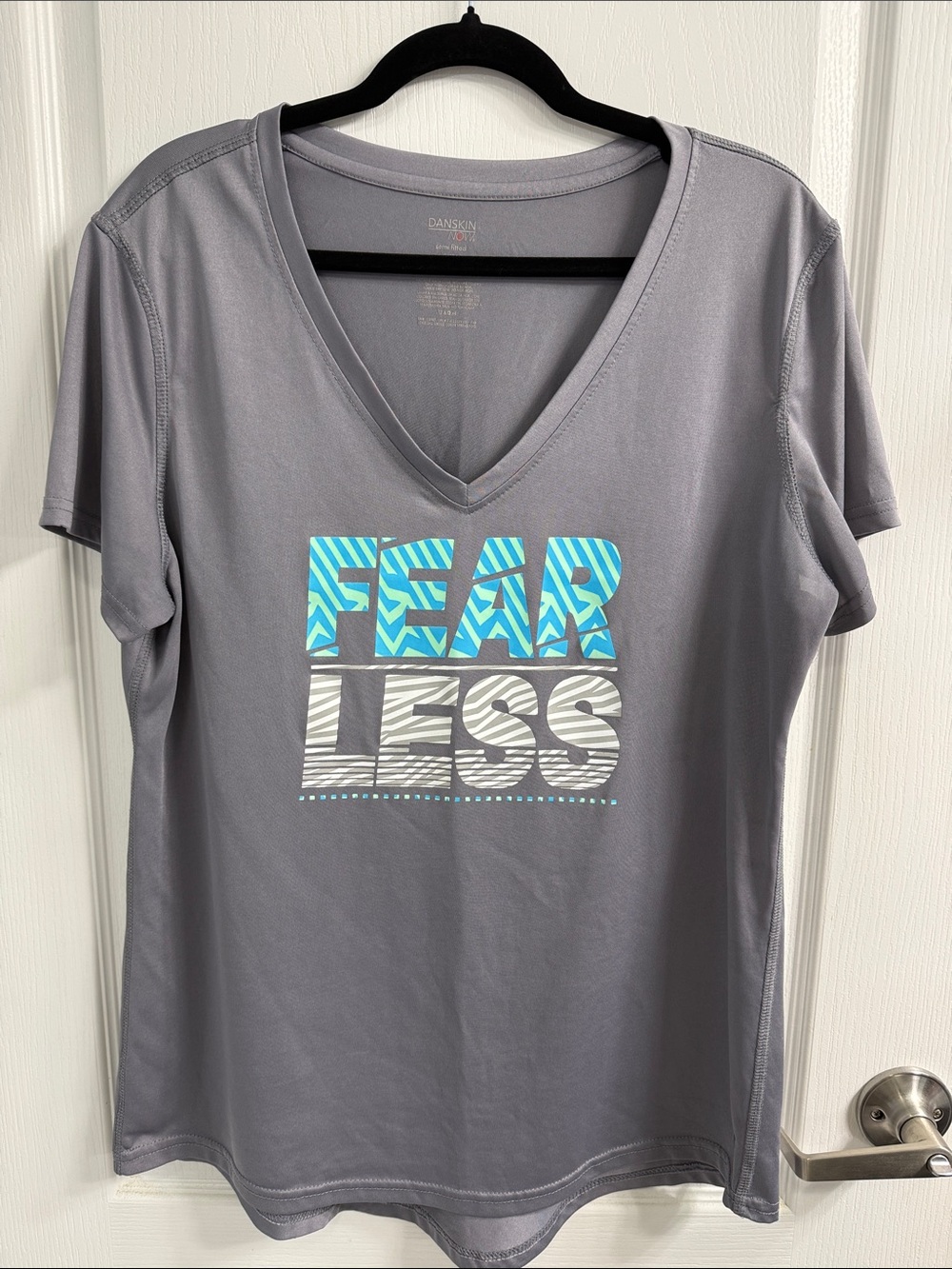 Danskin Gray V-Neck Tee with Blue Teal & White 'FEAR LESS' Graphic Sporty